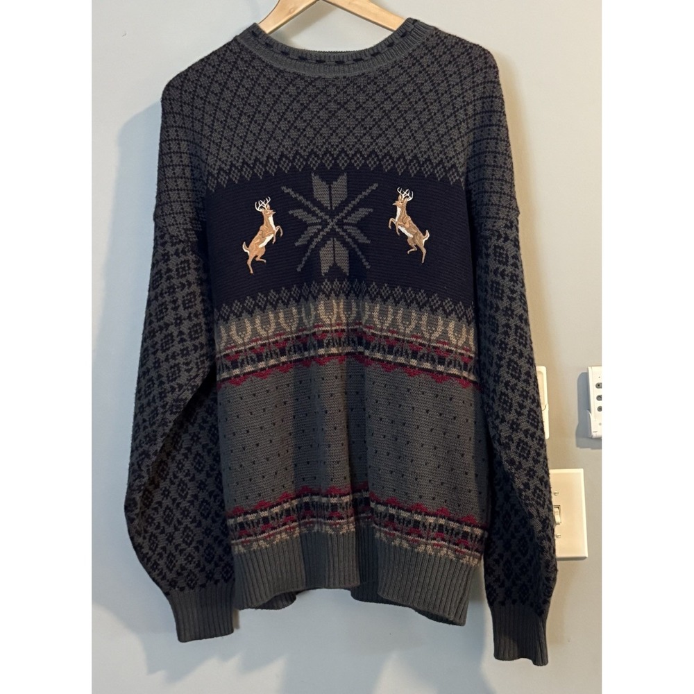 Pendleton Sweater Nordic Fair Isle Embroidered Deer Holiday Vintage USA Large